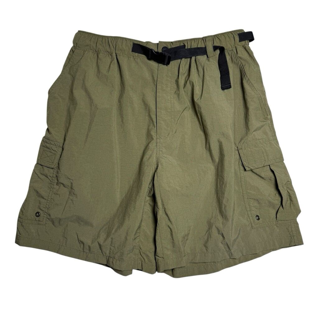 REI Mens Cargo Shorts L Green Nylon Quick Dry Adjustable Waist Belted Gorpcore